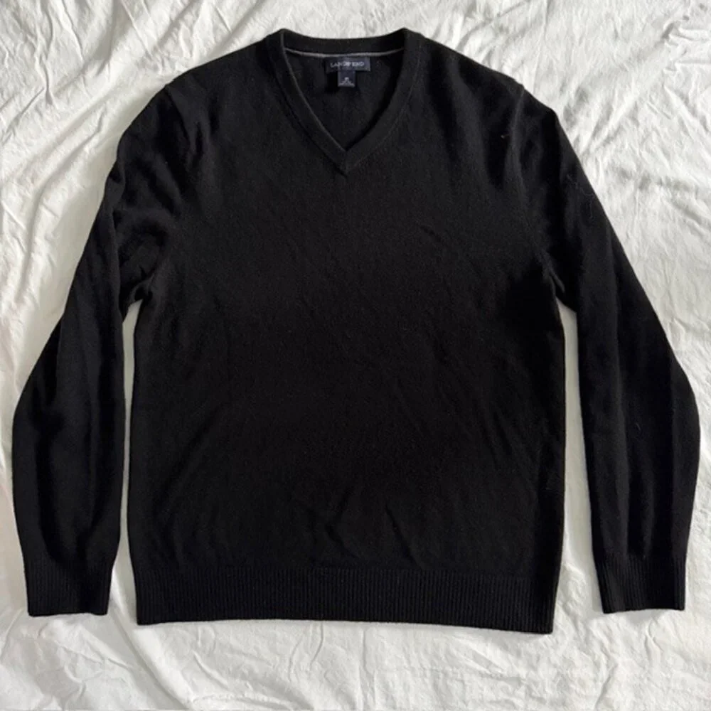 LANDS END Black 100% Cashmere V Neck Pullover Sweater Medium